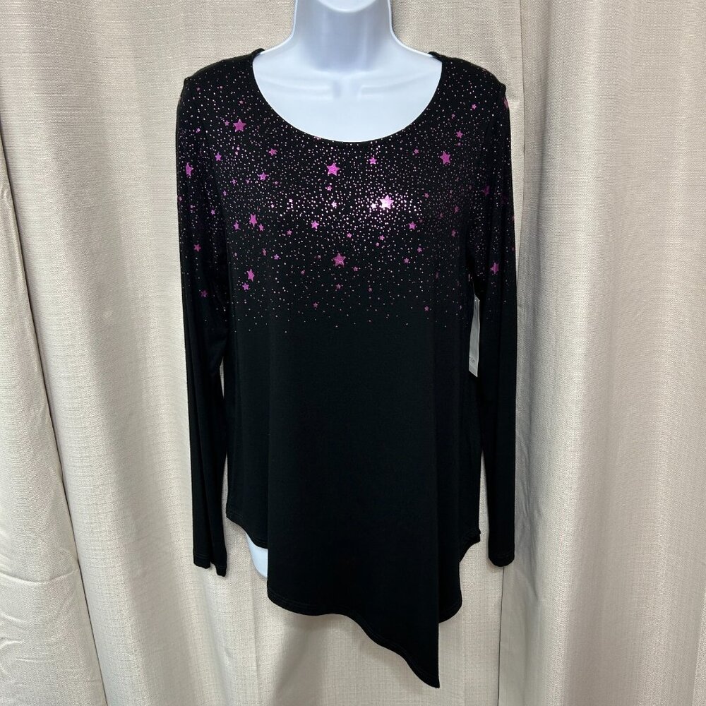 Karen Kane Majestic Magenta Star Print Asymmetrical Hem Top Women's Size S NWT